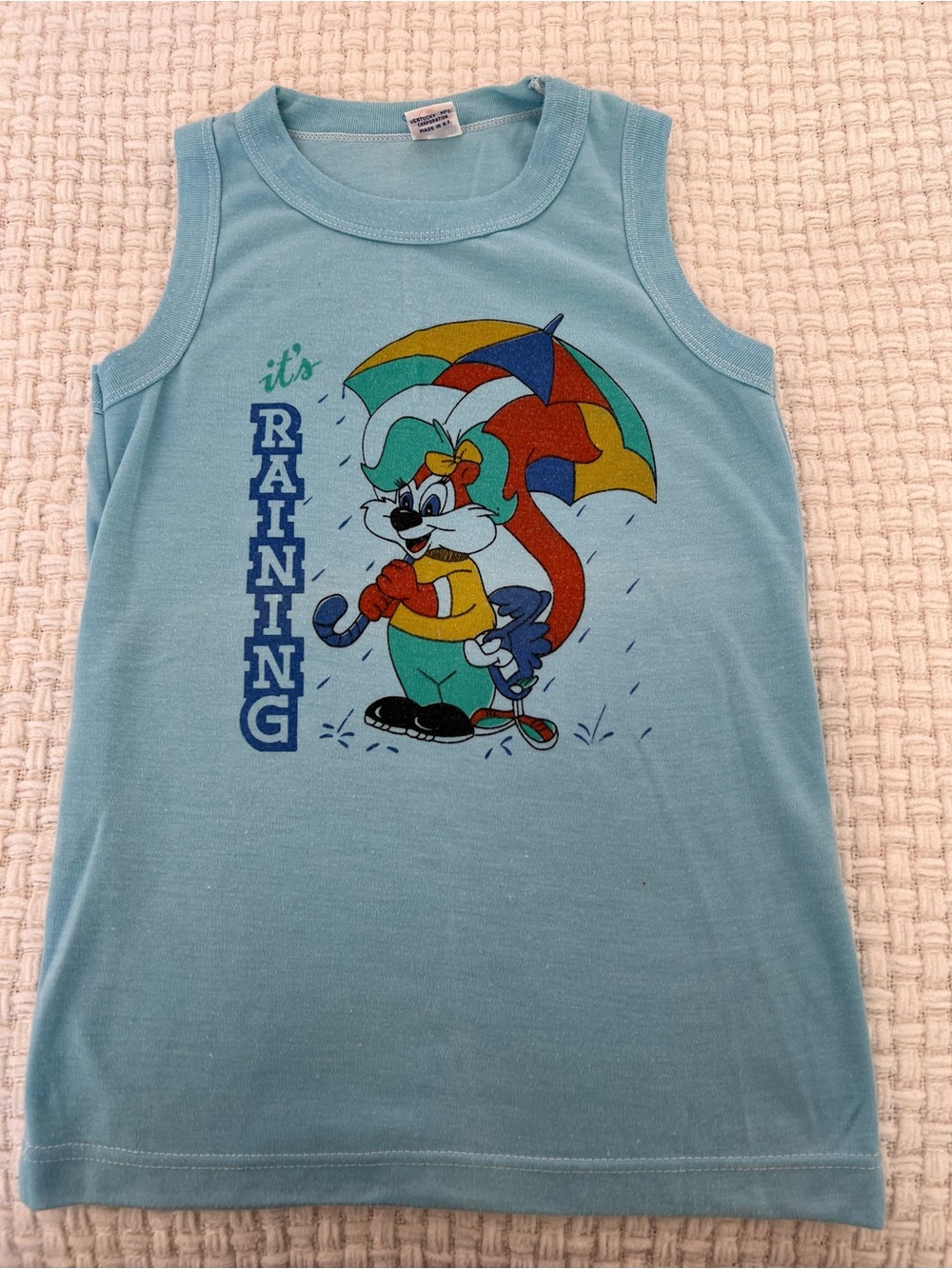 Vintage Light Blue Kids Tank Top with Colorful Umbrella Graphic